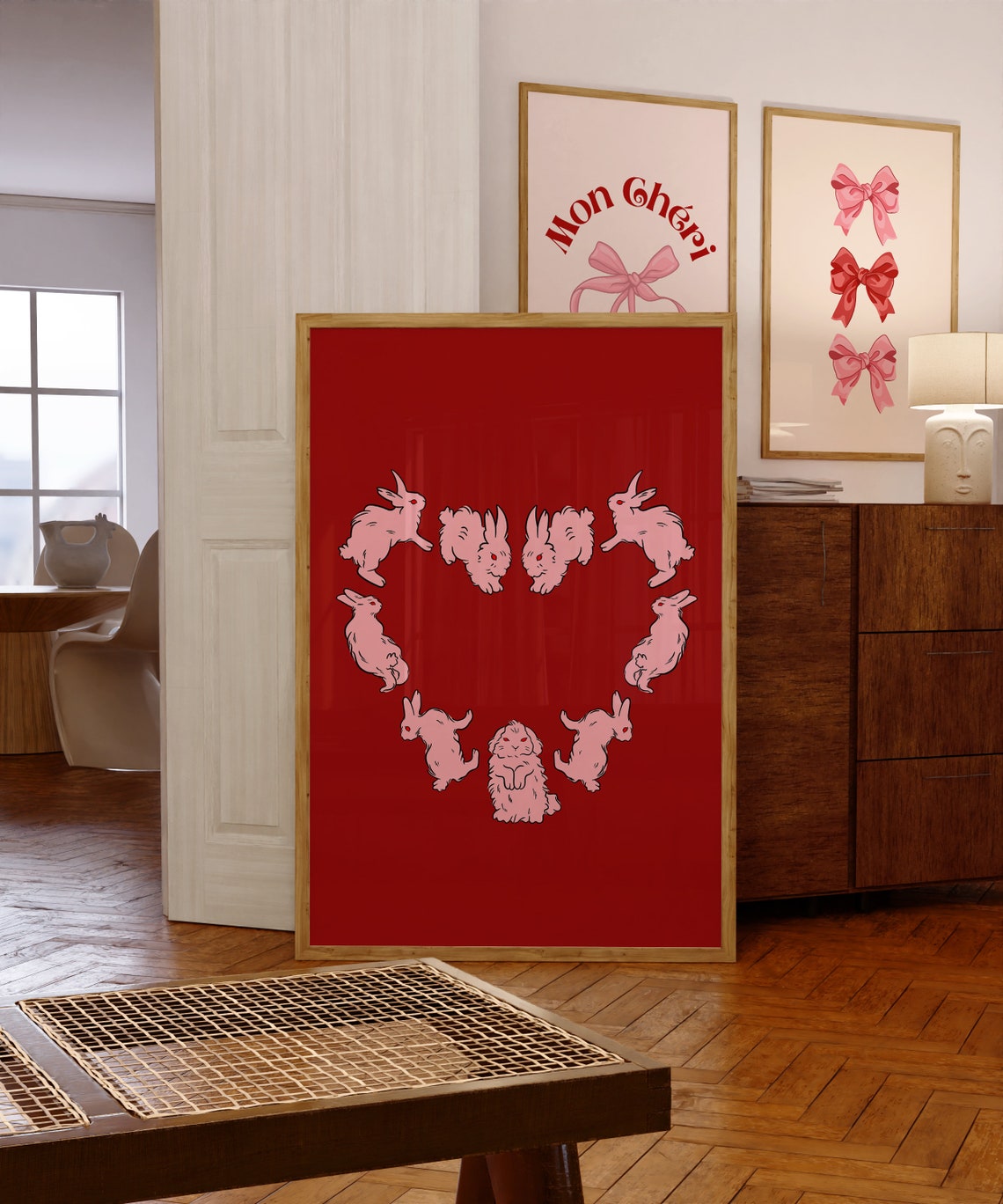 Cute Pink Bunny Rabbits Arranged In Heart Shape On Red Background Poster - Image 3