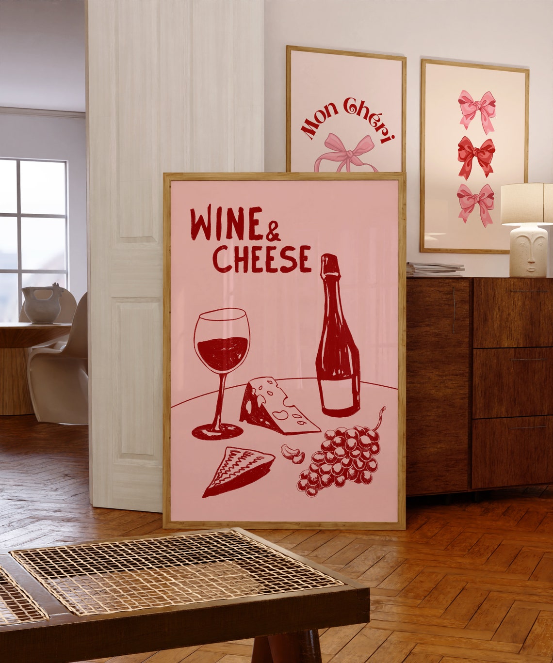 Wine And Cheese Mid Century Modern Pink Kitchen Bar Art Poster - Image 4