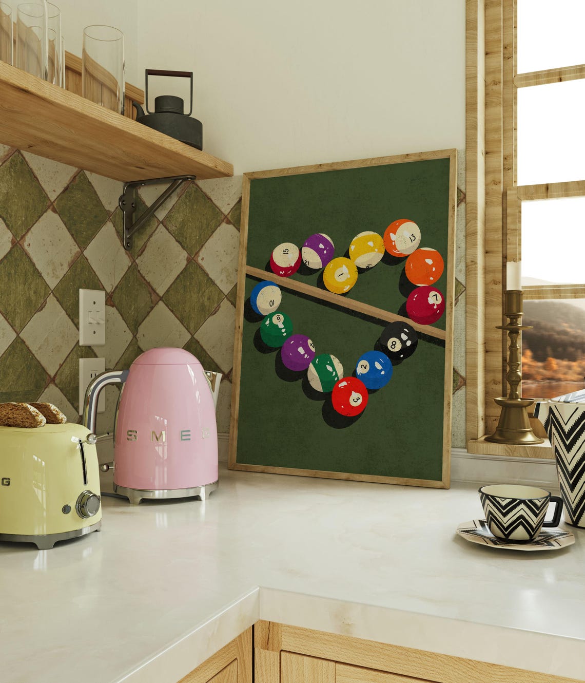 Retro Billiard Balls and Cue on Green Table Game Room Poster - Image 3