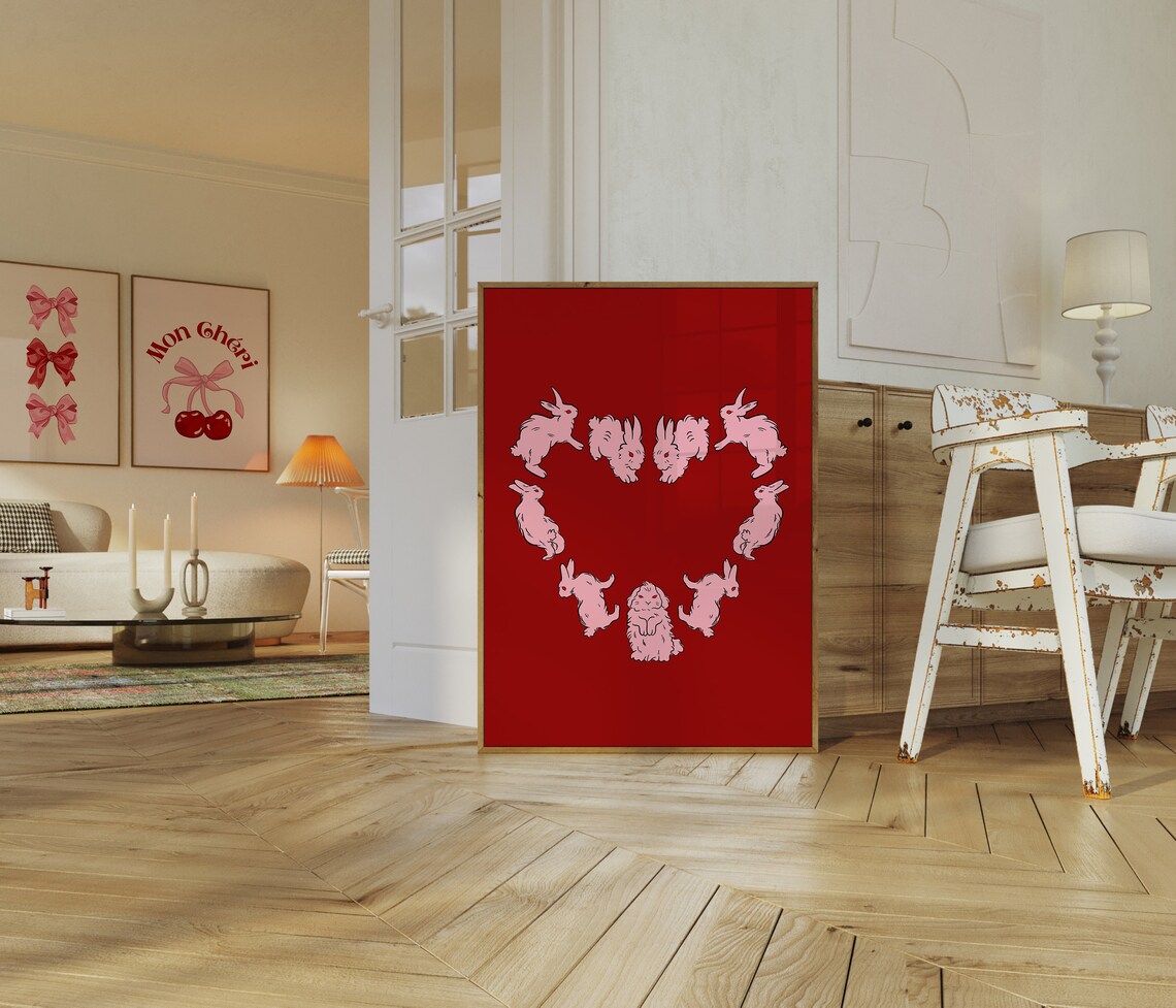 Minimalist Rabbit Wall Art Cute Bunny Decor Pink Heart Design Instant For Apartment Styling - Image 2