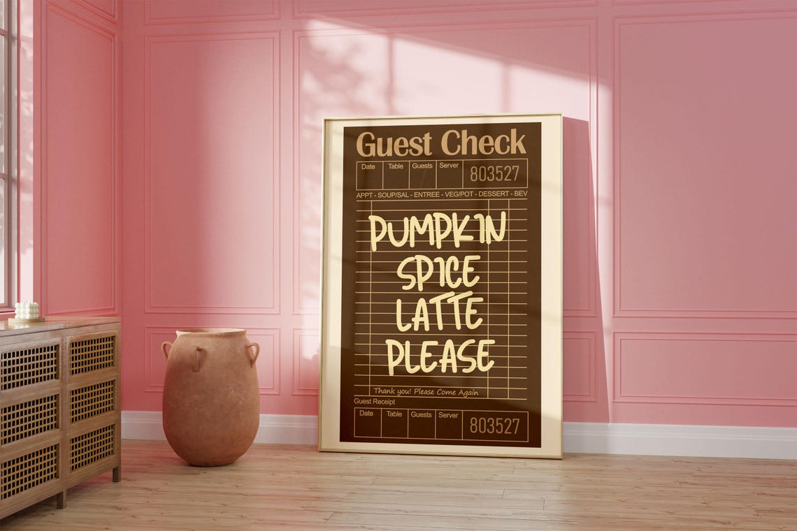 Pumpkin Spice Latte Guest Check Poster Retro Fall Wall Art Cozy Kitchen Decor Coffee Lovers Trendy