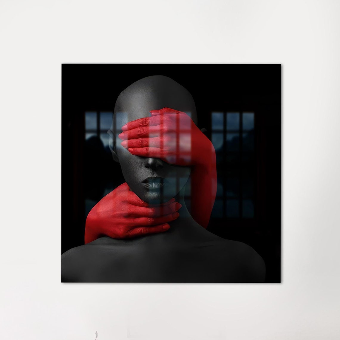 Red Hands Covering Face Black Portrait Dramatic Conceptual Art Poster