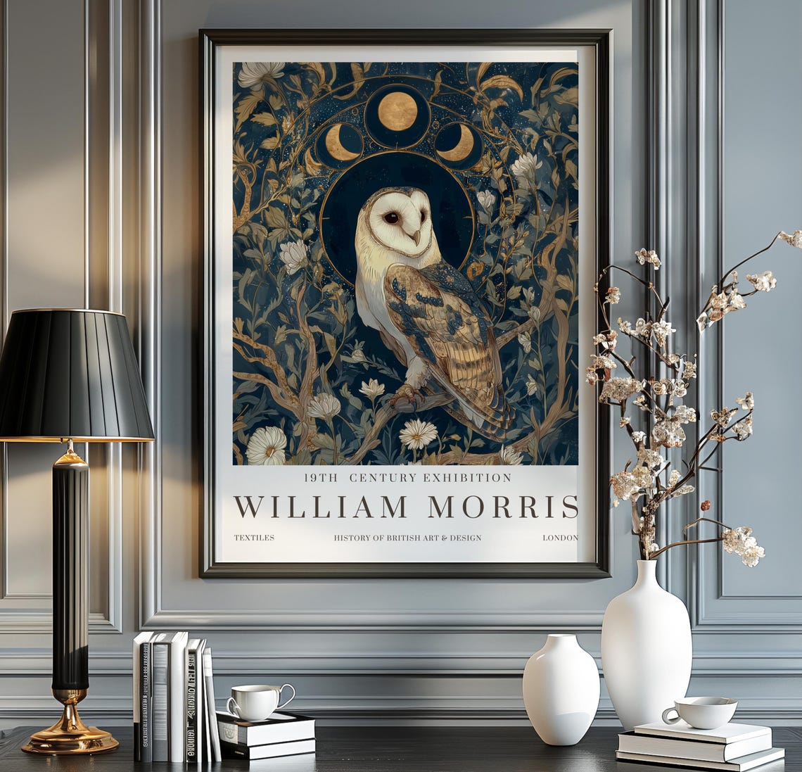 William Morris Barn Owl Moon Phases Botanical Exhibition Poster