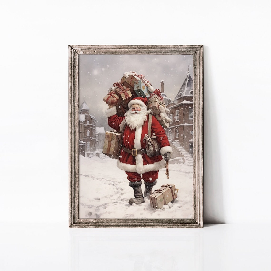 Santa Claus Carrying Gifts Through Snowy Old Town Winter Street Poster - Image 2