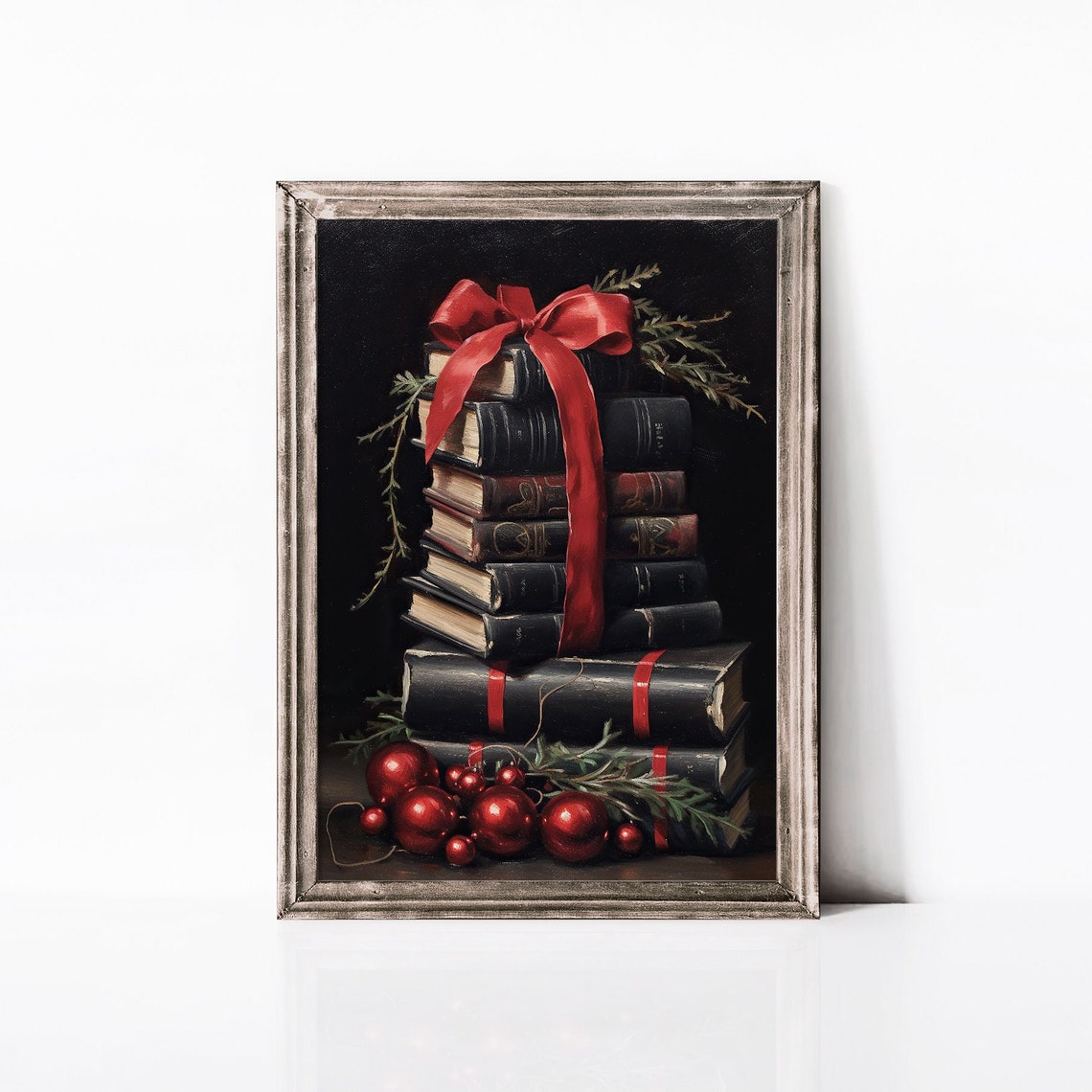 Christmas Books Stack Red Ribbon Dark Academia Holiday Poster - Image 4