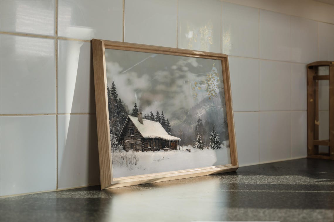 Snowy Log Cabin In Pine Forest Smoke From Chimney Winter Travel Poster - Image 3