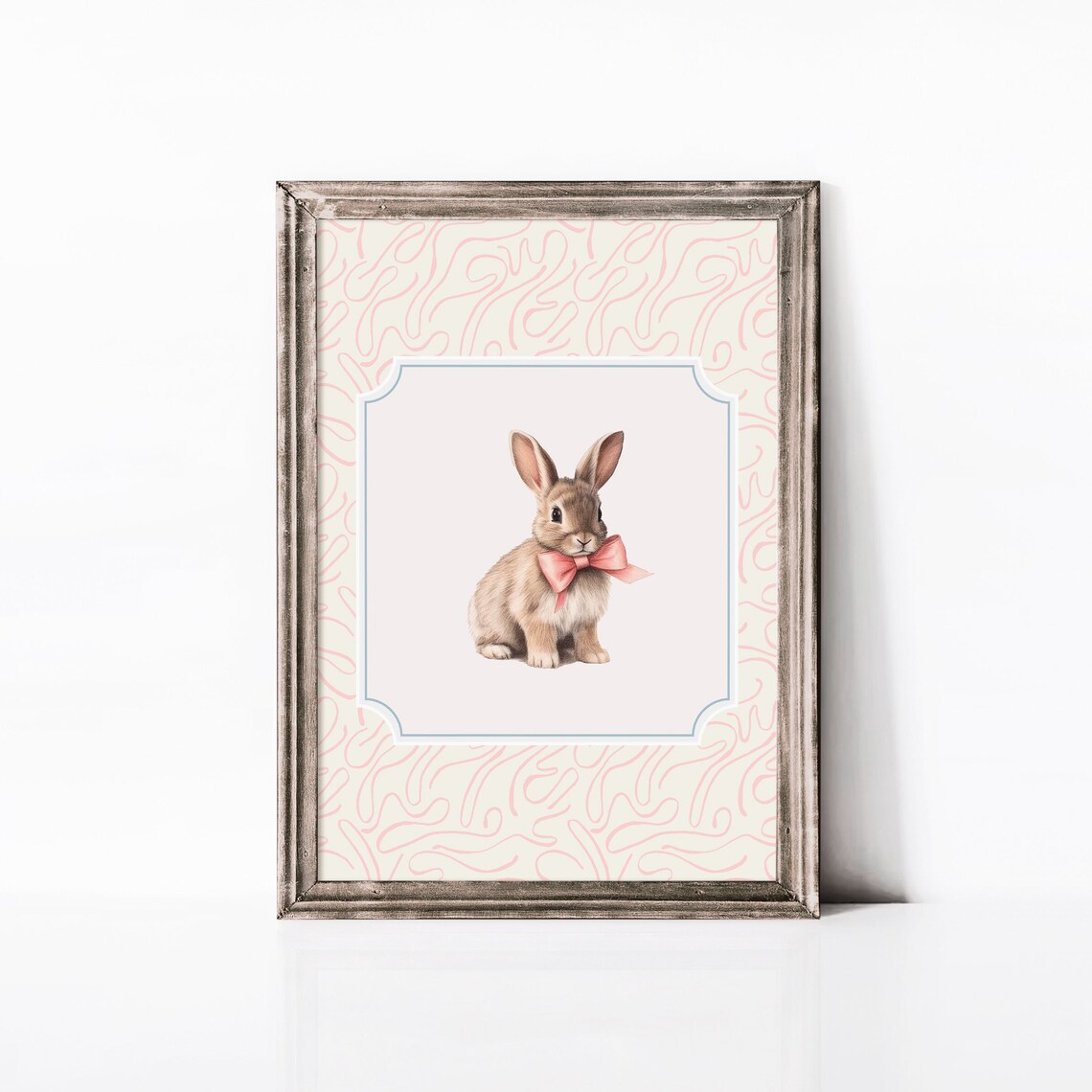 Bunny with Pink Bow Watercolor Sketch Pink Pattern Border Nursery Art Poster - Image 3