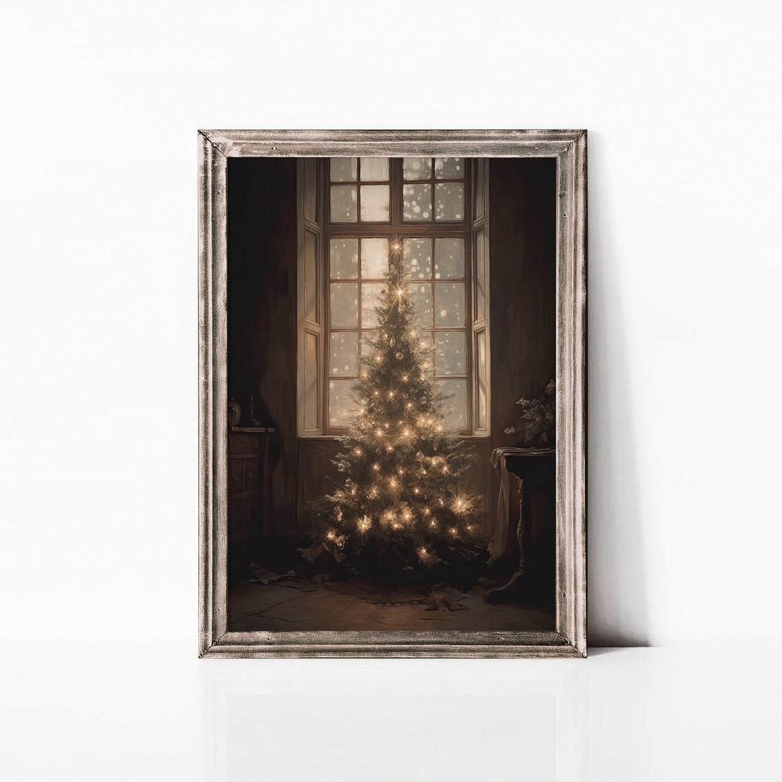 Painting Of A Christmas Tree Moody Christmas Wall Art Light Academia Vintage Christmas Painting Holiday Season Wall Decoration - Image 2