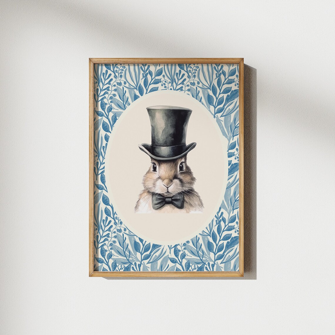 Rabbit with Top Hat and Bow Tie Watercolor Blue Floral Border Art Poster - Image 2