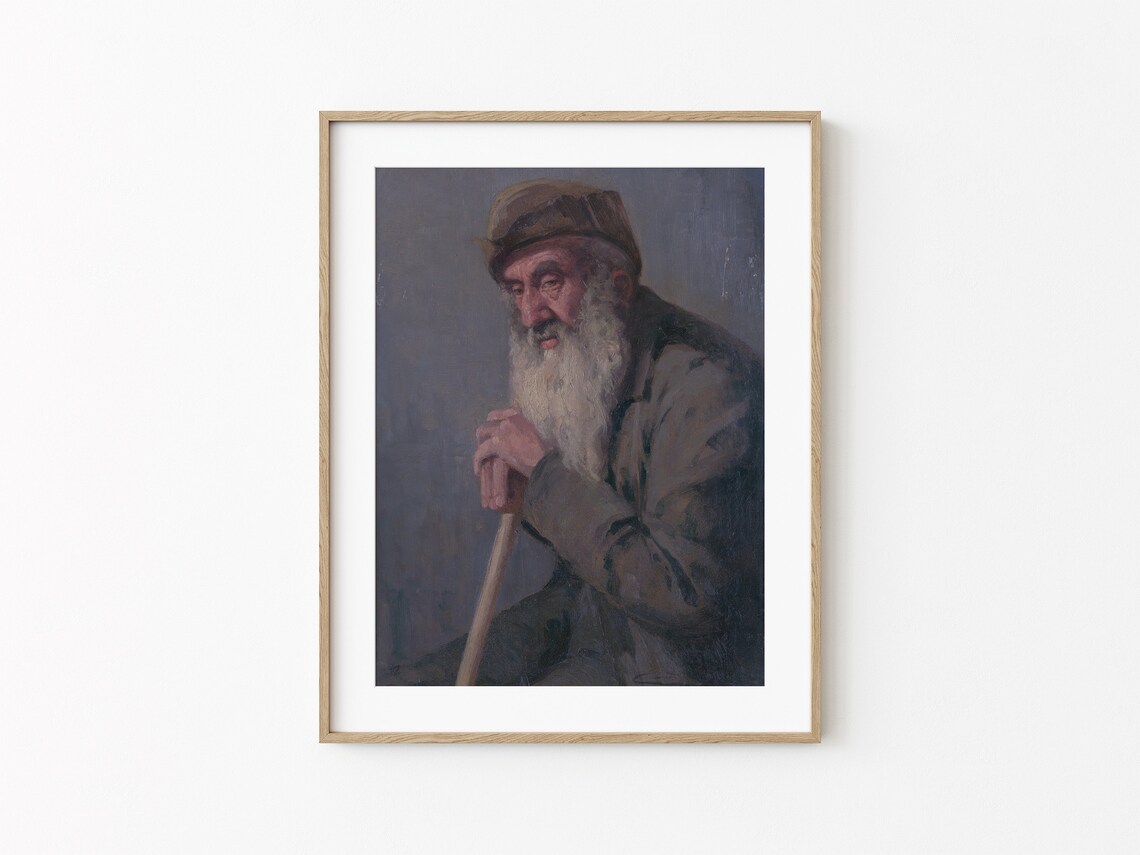 Portrait Of Bearded Old Man With Walking Stick Moody Vintage Art Poster - Image 4