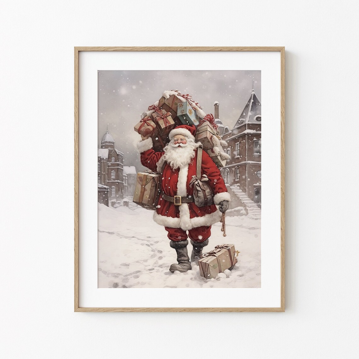 Santa Claus Carrying Gifts Through Snowy Old Town Winter Street Poster - Image 3