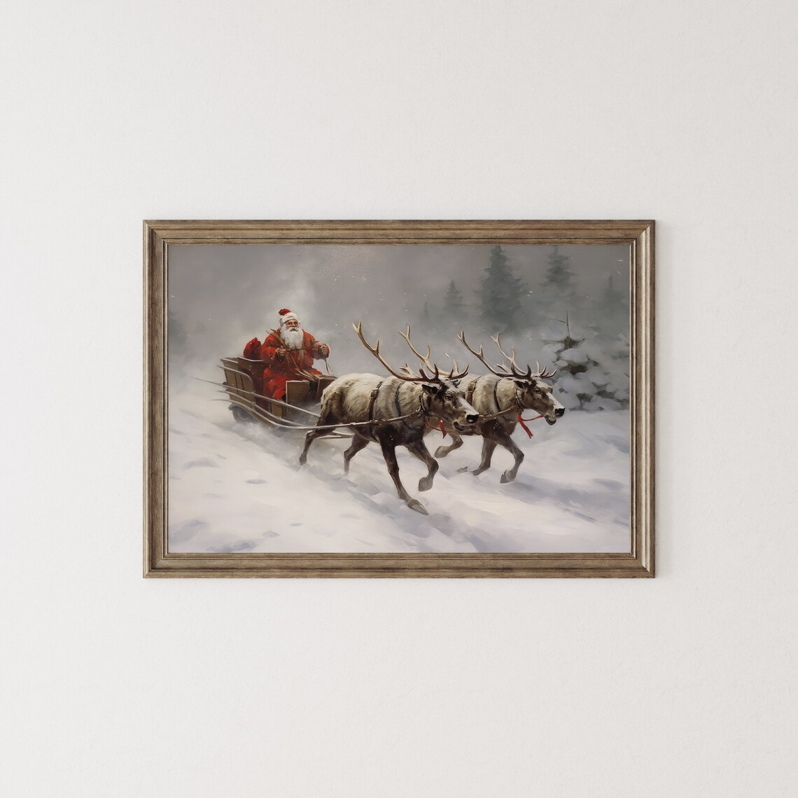Santa Claus Sleigh Reindeer Snowy Forest Vintage Christmas Poster - Image 2