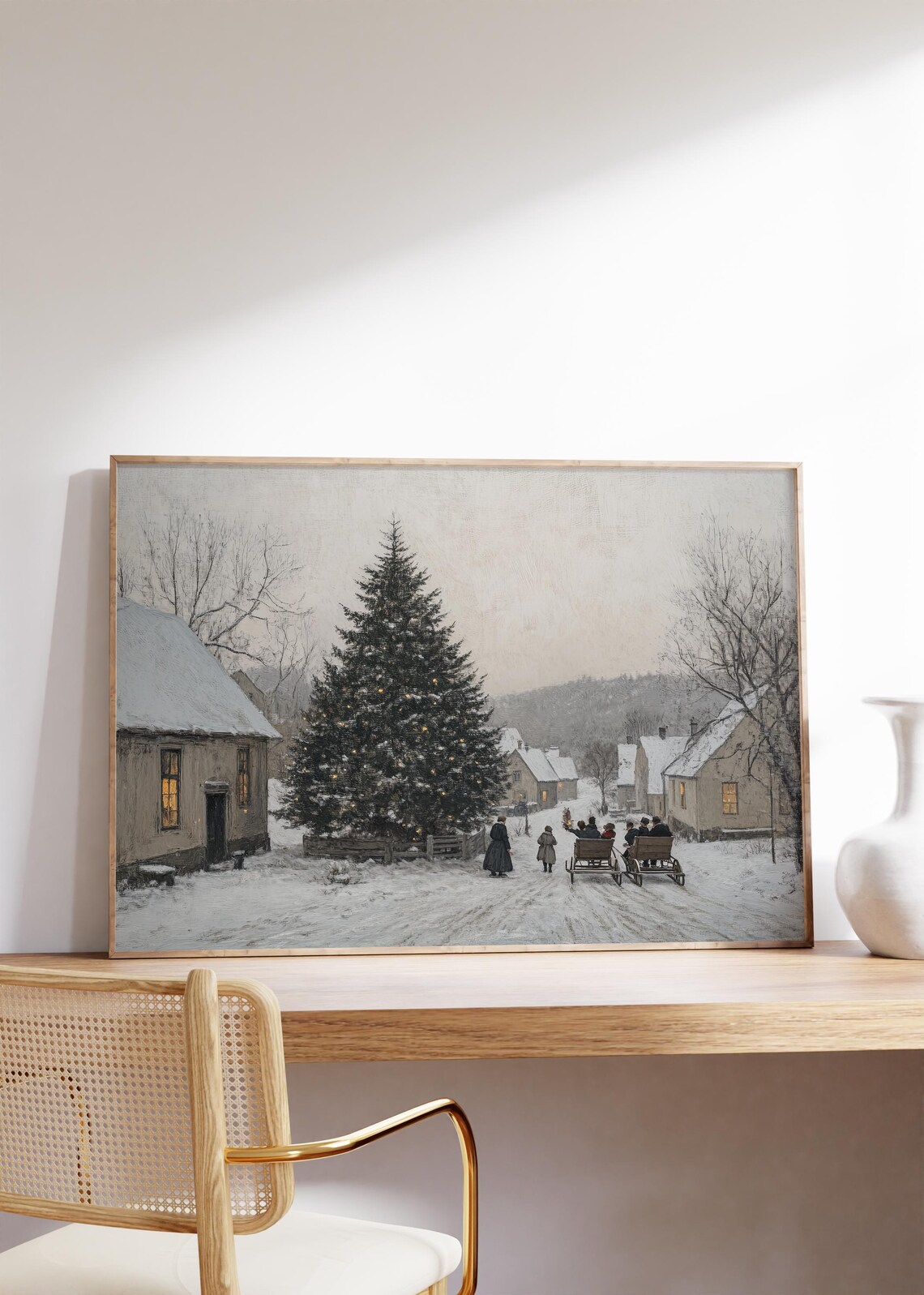 Rustic Christmas Village Tree Sleigh Ride Snow Evening Holiday Poster - Image 4