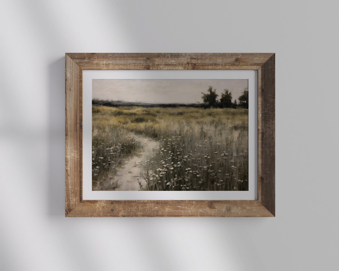 Misty Wildflower Meadow Path Golden Field Vintage Landscape Poster - Image 2