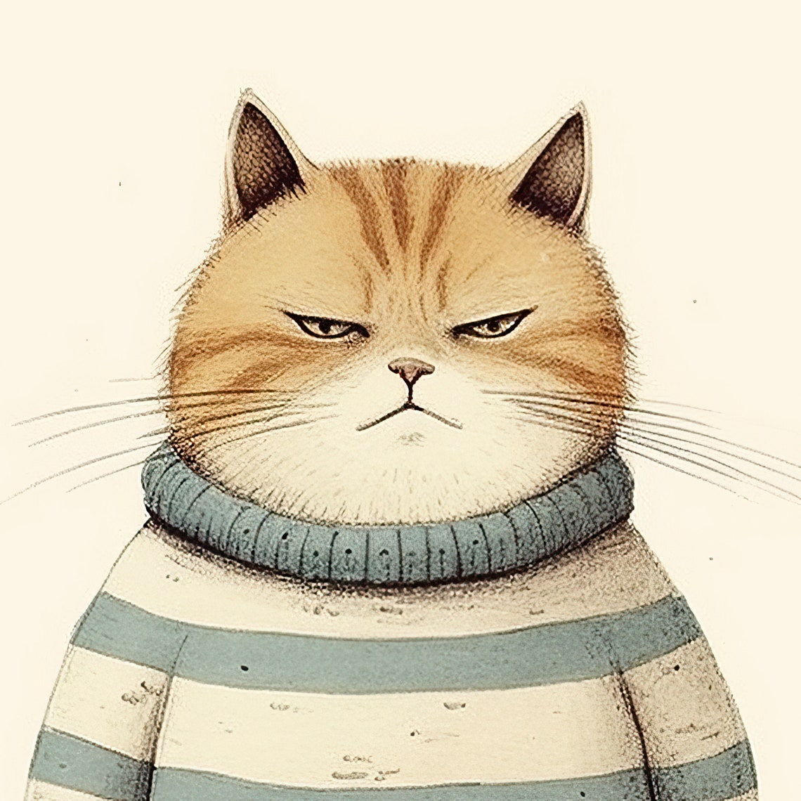 Grumpy Ginger Cat In Blue Striped Sweater Funny Illustration Poster - Image 2