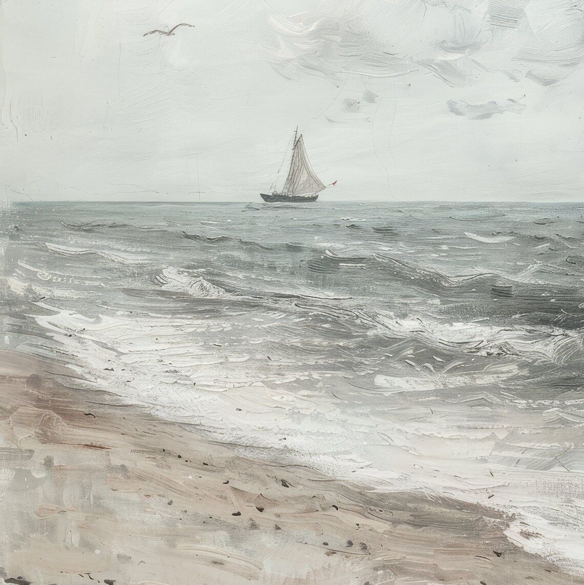 Vintage Sailboat Stormy Sea Beach Waves Seagulls Neutral Nautical Seascape Art Print - Image 3