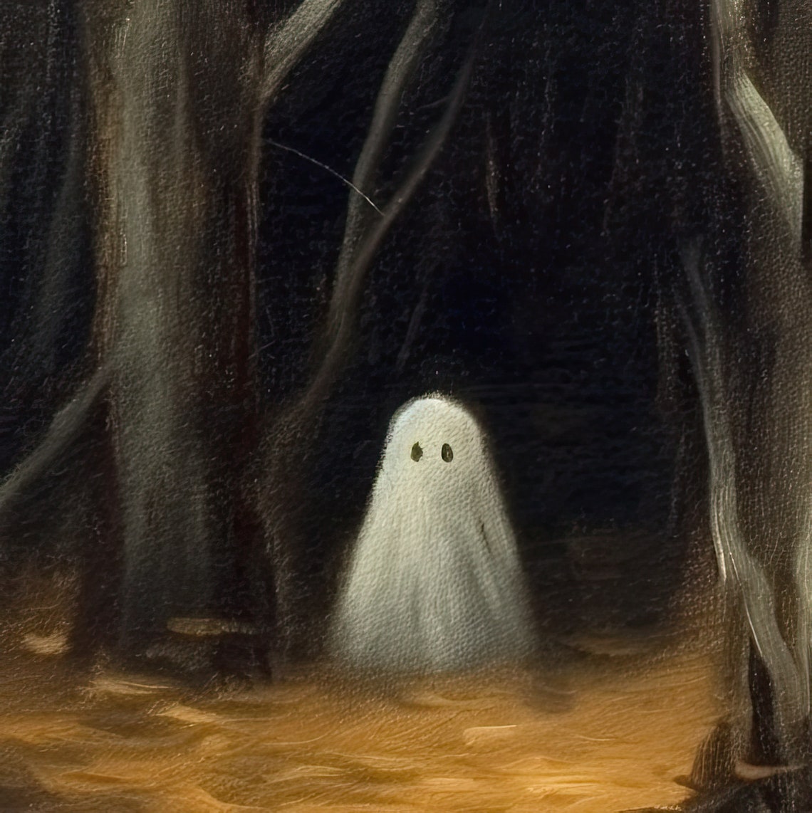 Cute White Ghost Standing In Dark Forest With Golden Leaves Poster - Image 2