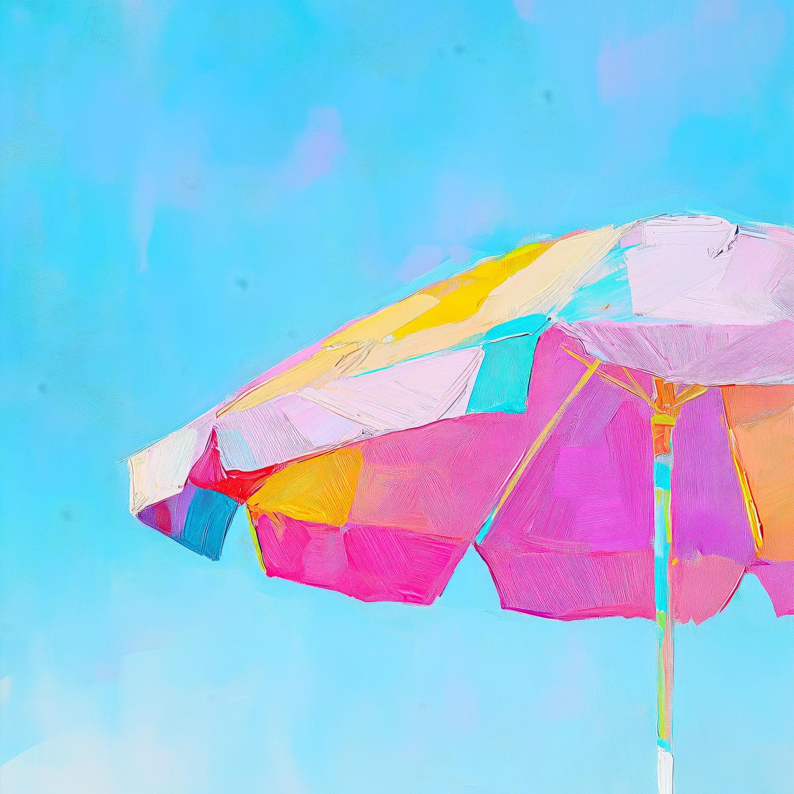 Pink Striped Beach Umbrella Close Up Bright Blue Sky Summer Wall Art - Image 3