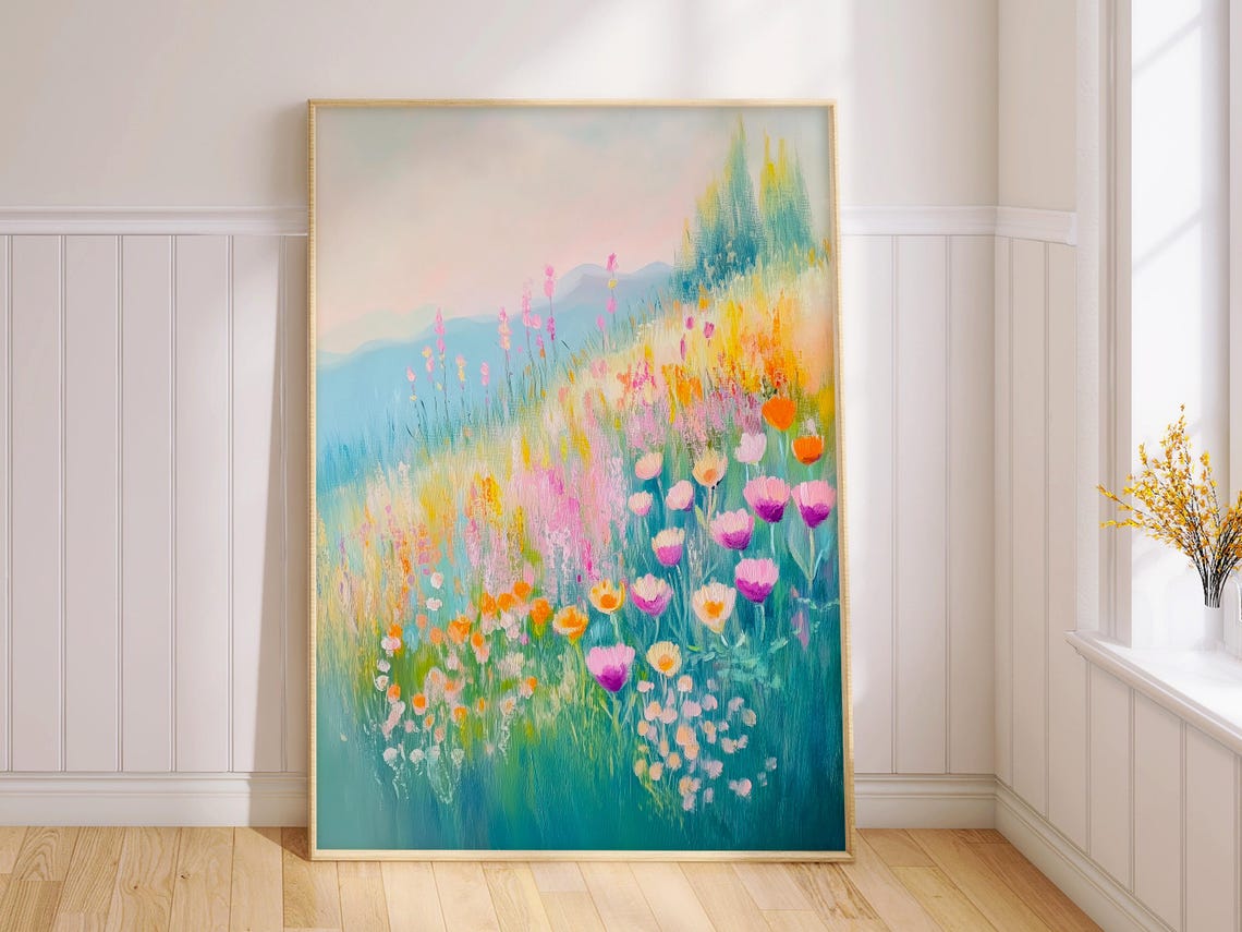 Wildflower Hillside Impressionist Landscape Blooming Meadow Wall Art - Image 2