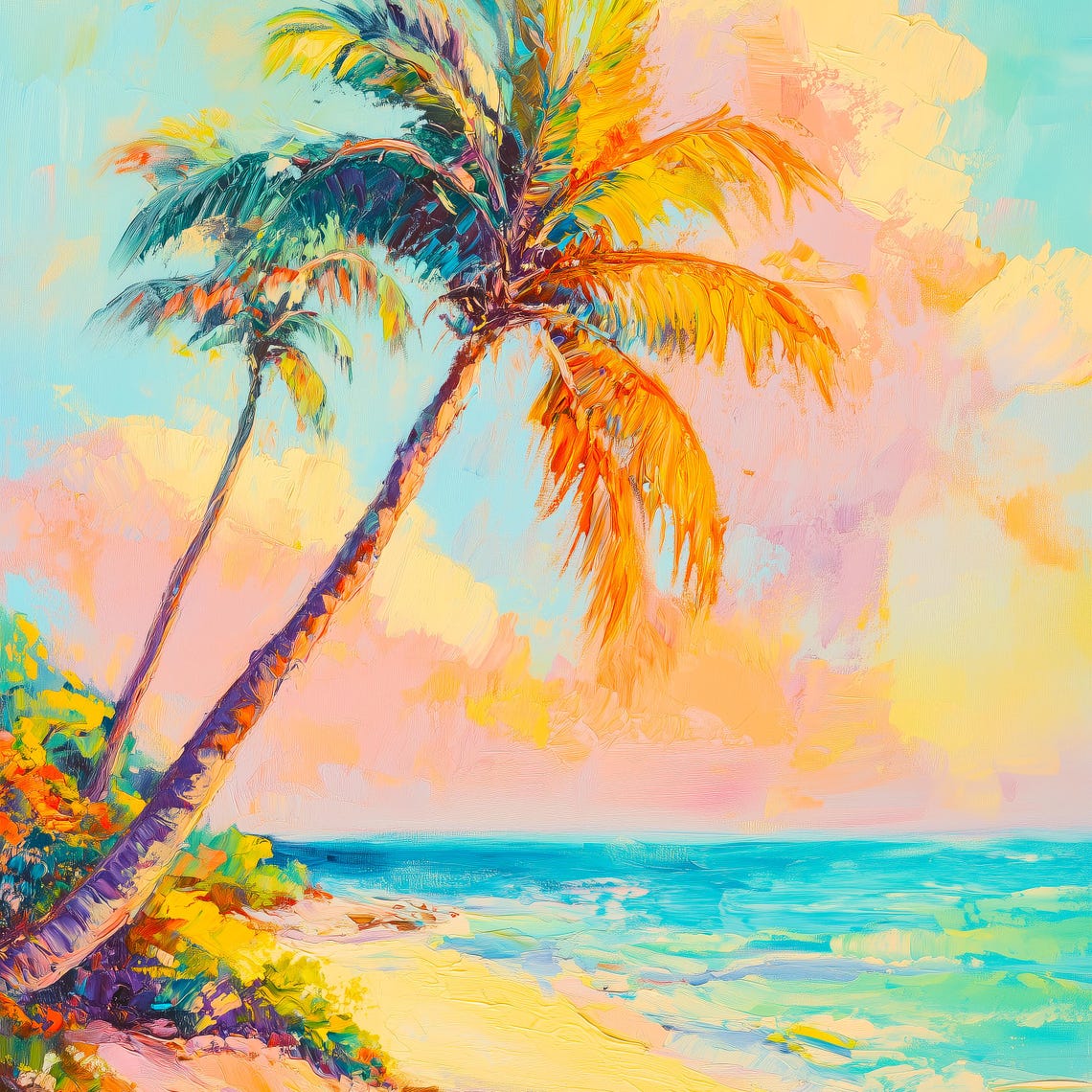 Leaning Palm Tree Tropical Beach Sunset Pastel Ocean Painting Wall Art - Image 3