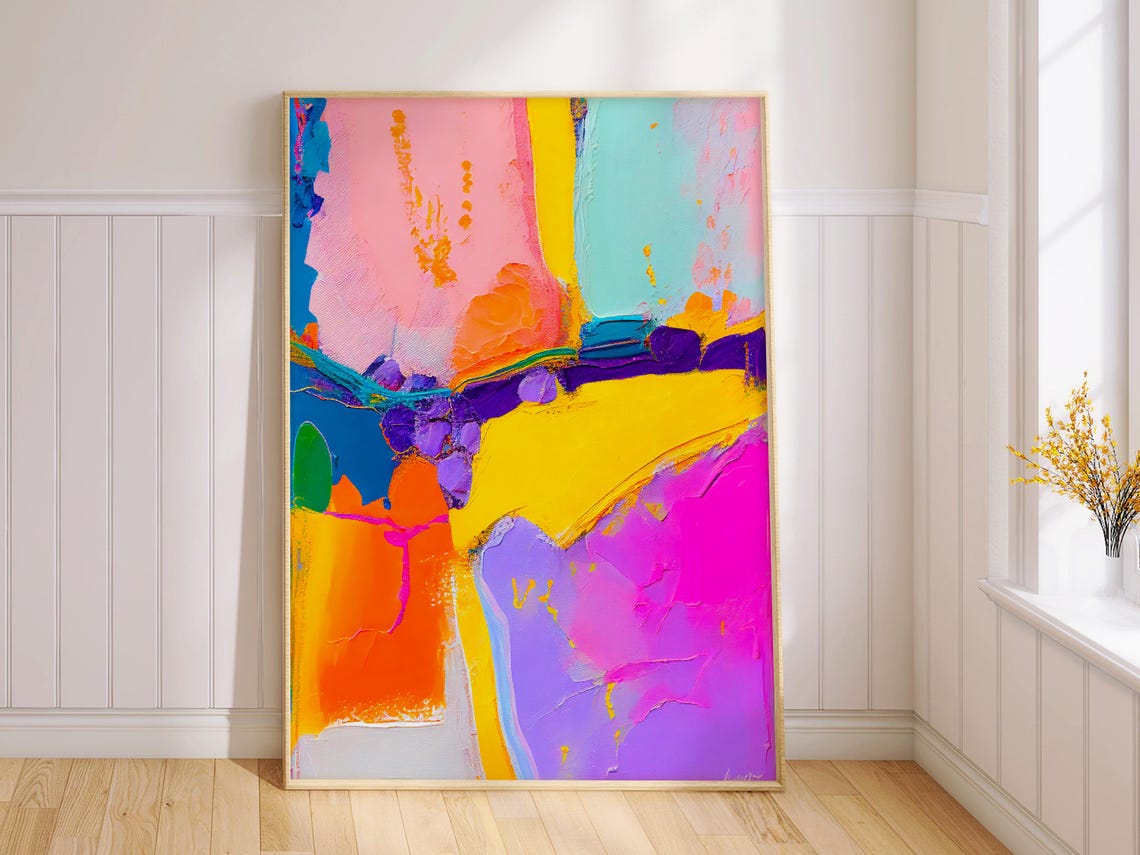 Bold Yellow Abstract Diagonal Brushstrokes Pink Purple Modern Wall Art - Image 2