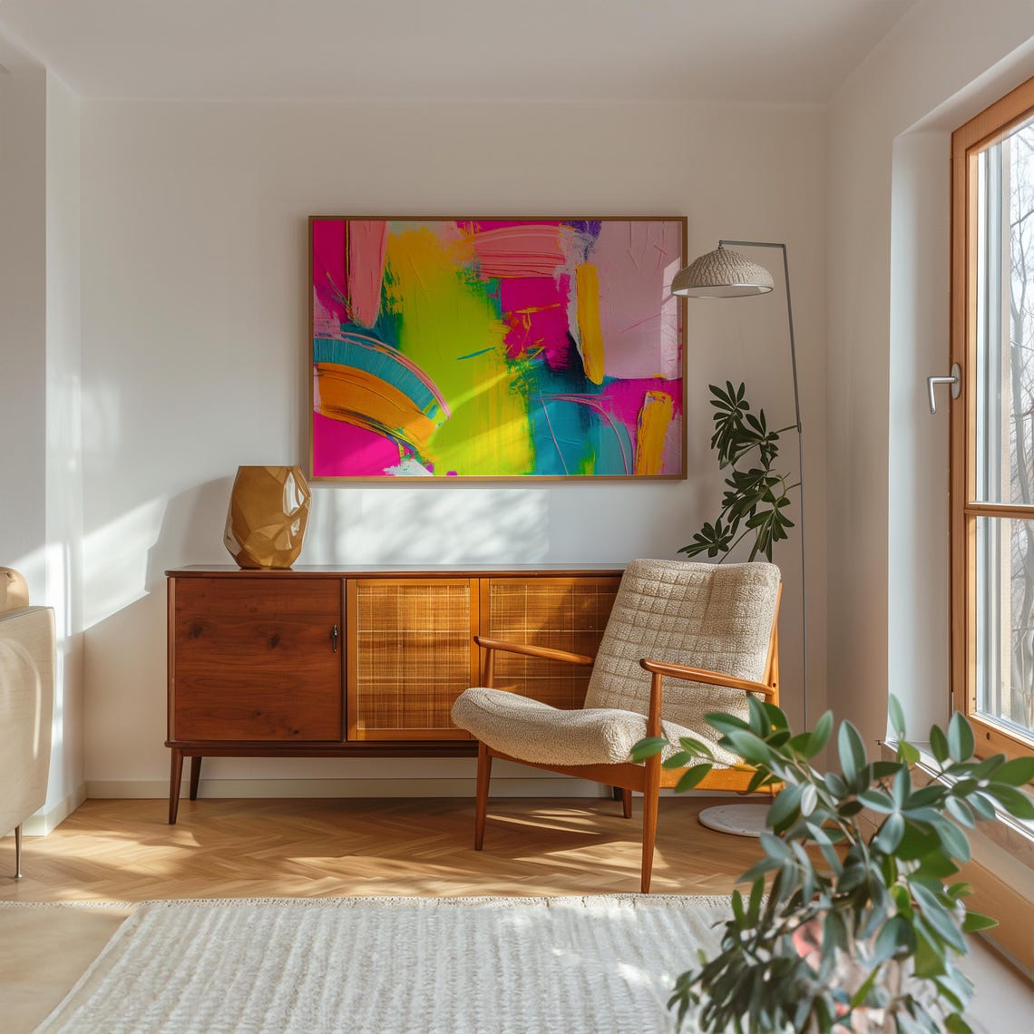 Neon Pink Lime Orange Curved Brushstroke Abstract Expressionism Poster - Image 2