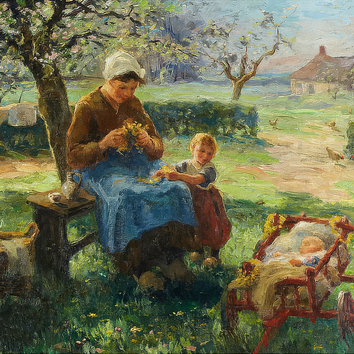 Vintage Farmhouse Oil Painting Print Lady With Child Baby Classic Rustic Wall Art Garden Bench Scene Countryside Art Print Home Dcor - Image 3