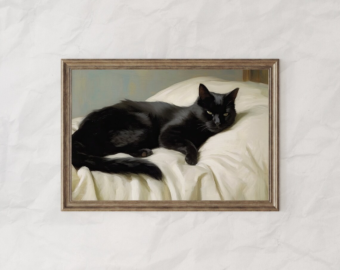 Black Cat Resting On White Bedding Vintage Oil Painting Feline Decor Poster - Image 4