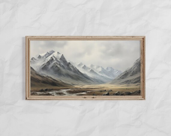 Panoramic Moody Mountain Scape Oil Painting Print Panoramic Rustic Landscape Print Rustic Wall Decor Print Realistic Wall Print