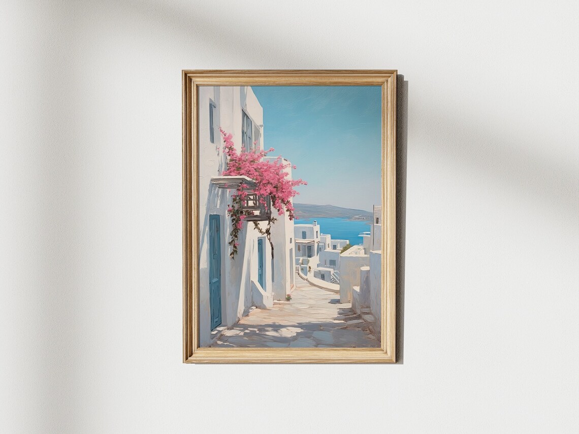 Santorini White Houses With Pink Bougainvillea And Blue Sea View Poster - Image 2