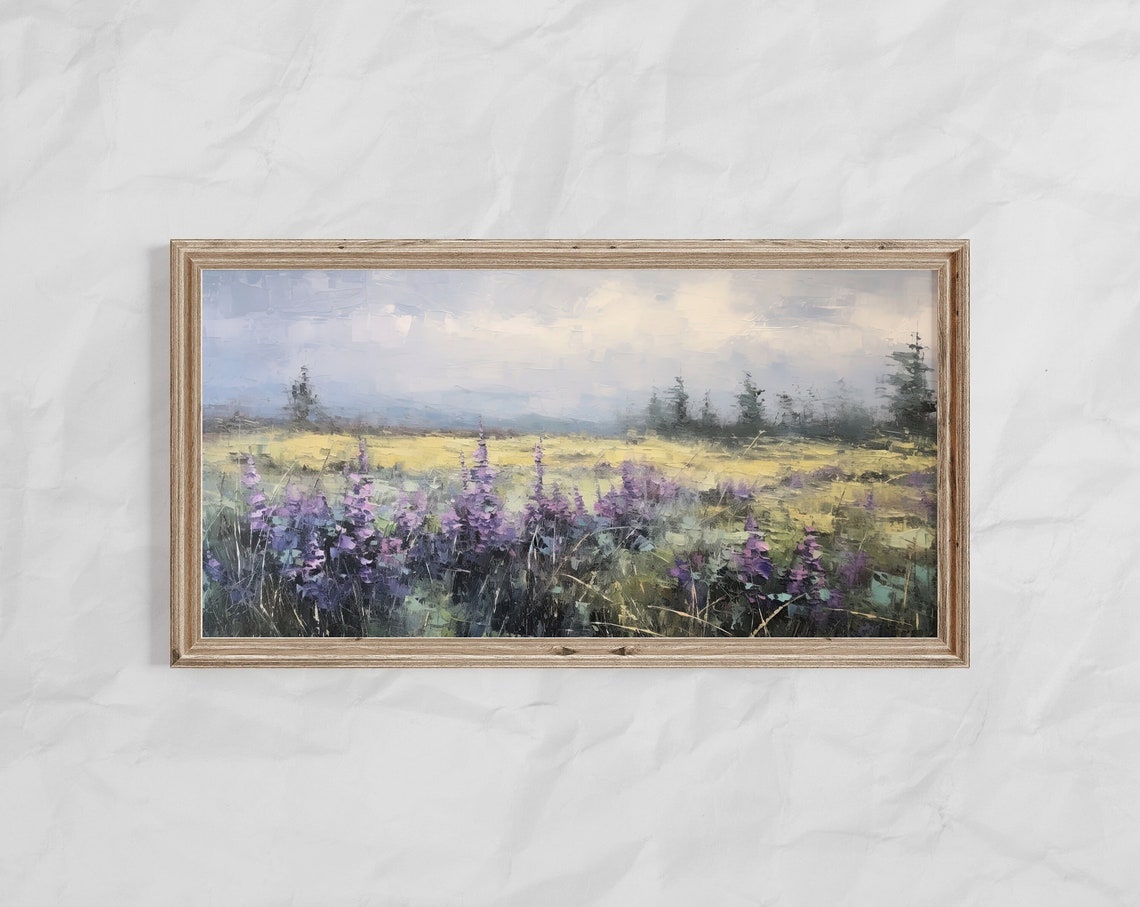 Panoramic Purple Wildflower Field With Misty Pines Vintage Poster