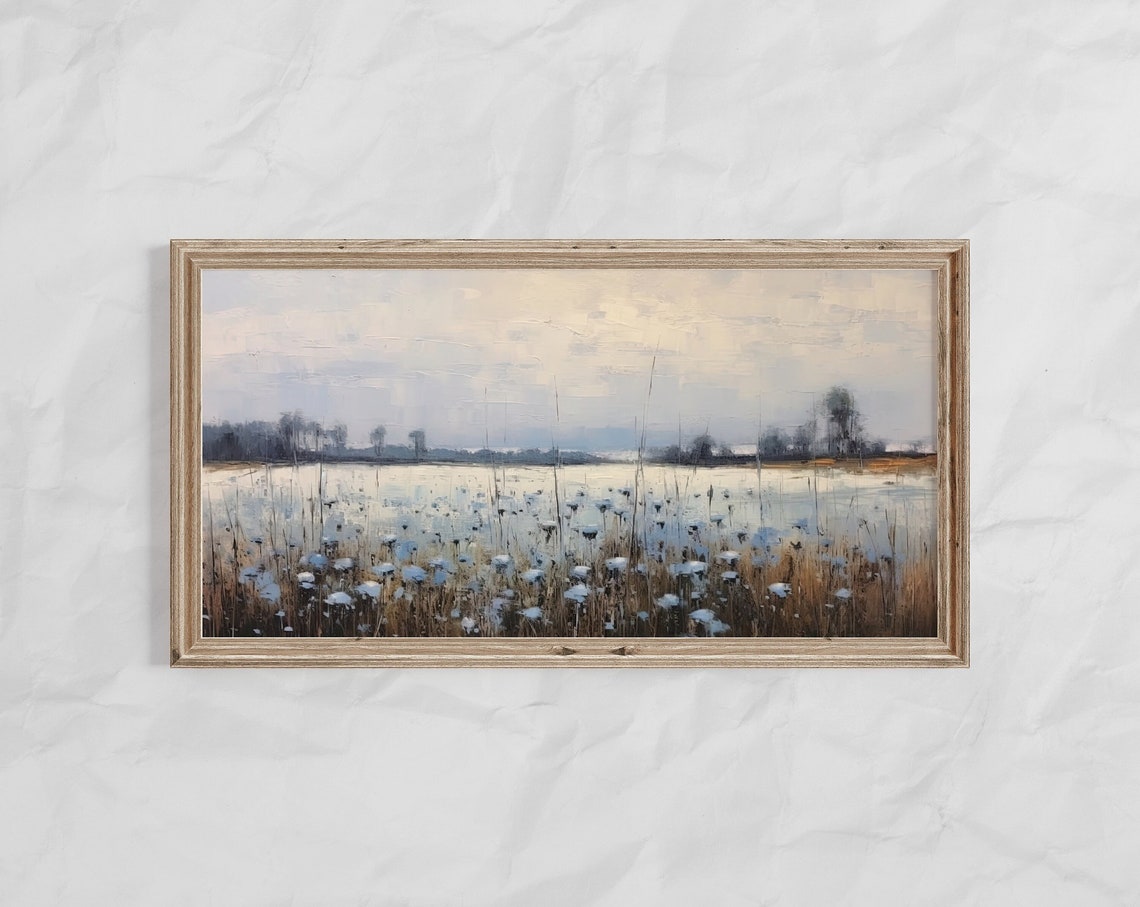 Panoramic Blue Wildflower Field Under Soft Misty Sky Vintage Poster