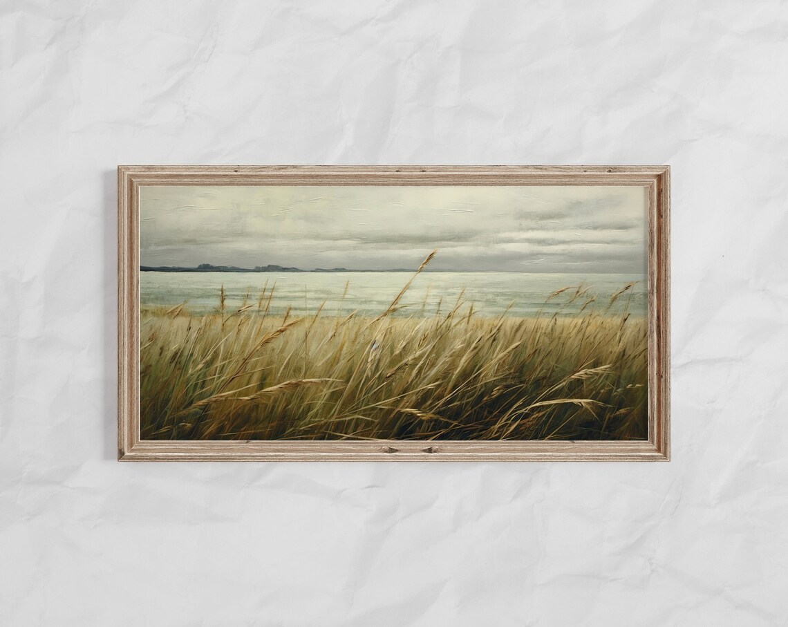 Panoramic Sea Side Wheat Field, Vintage Coastal Art