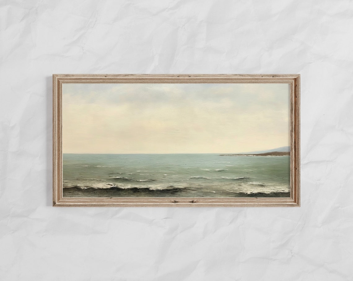 Panoramic Calm Ocean Seascape With Distant Shore At Dusk Poster