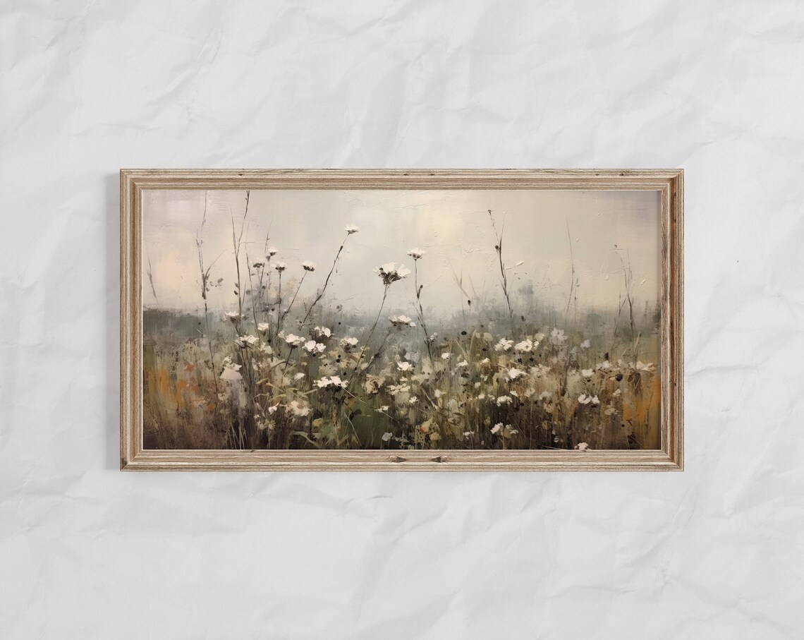 Panoramic White Wildflower Meadow In Soft Gray Green Tones Poster