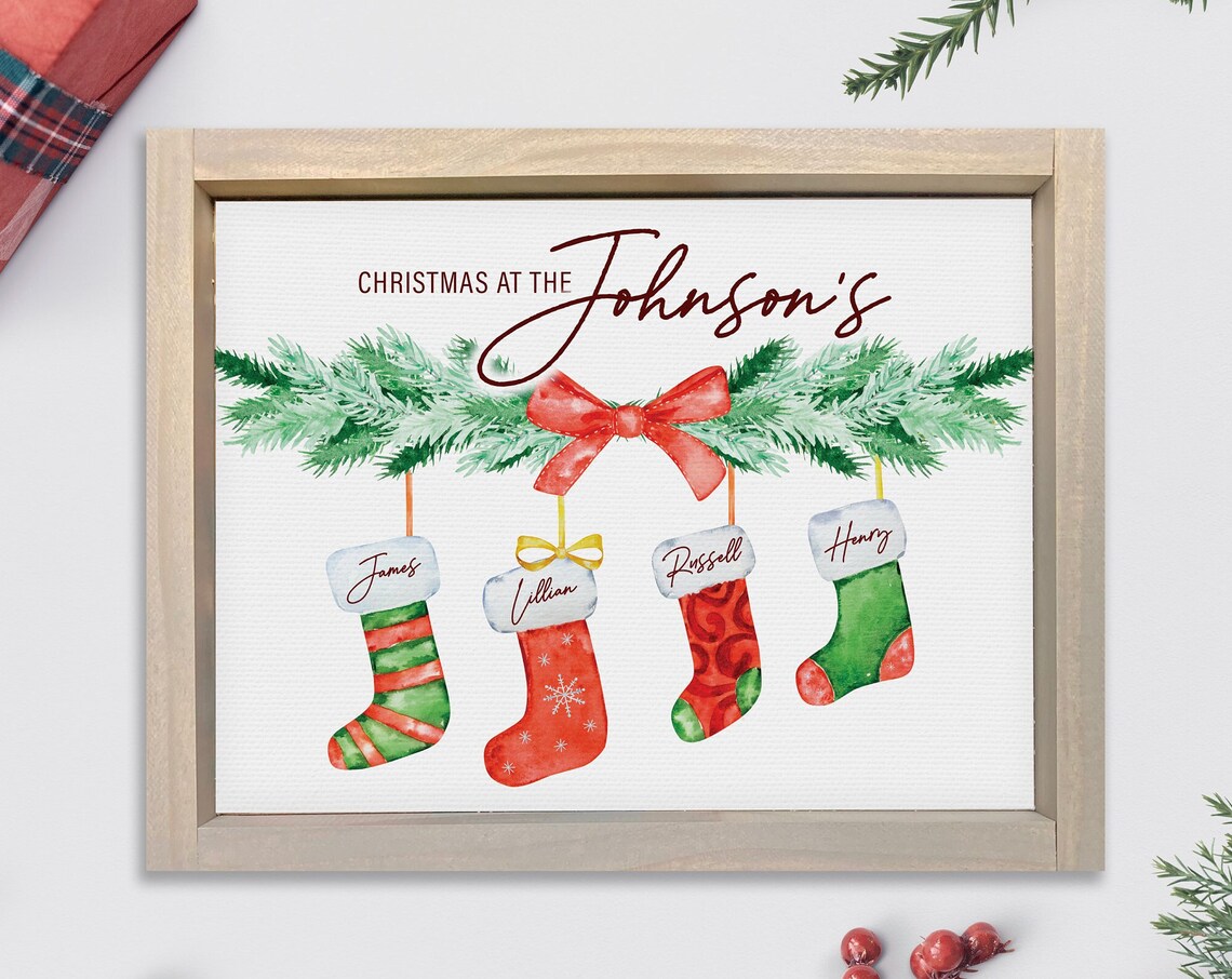 Personalized Christmas Stockings Watercolor Family Name Sign Poster