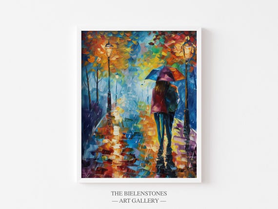 Amsterdam Couple In Rain Print Autumn Canal Scene