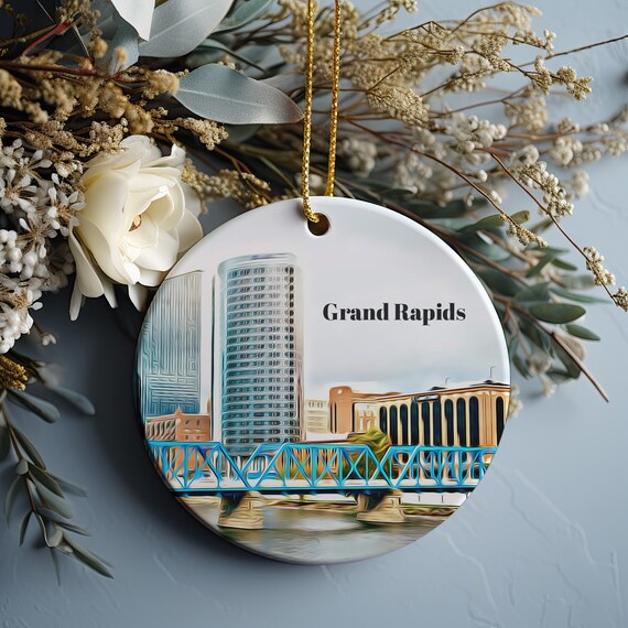 Grand Rapids Michigan Christmas Ornament Skyline Bridge Art Poster