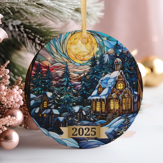Stained Glass 2025 Christmas Ornament Snowy Village Moon Cabin Art Print