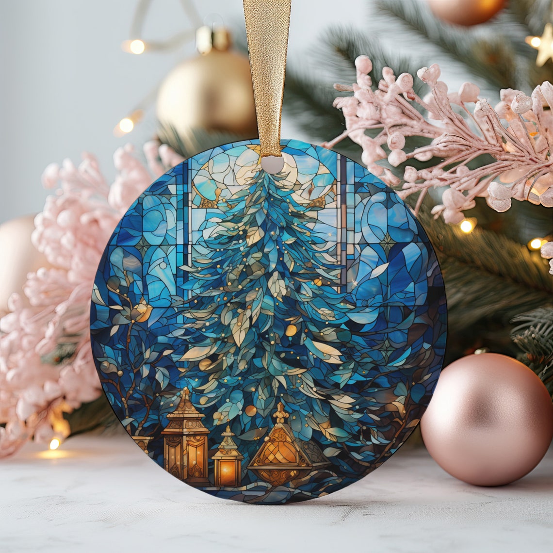 Blue Stained Glass Christmas Tree Lantern Ornament Holiday Print