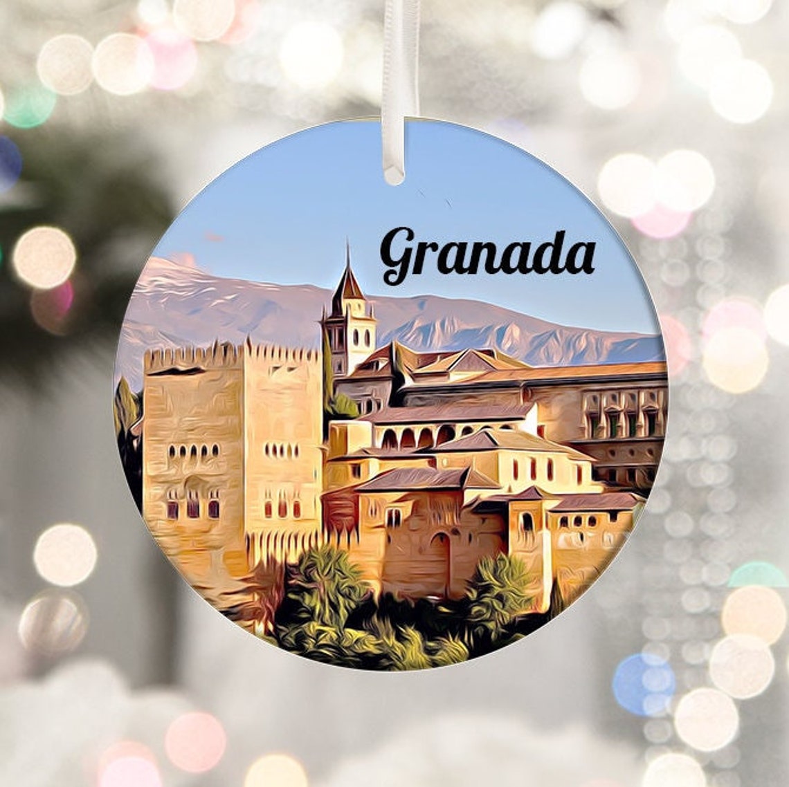 Granada Spain Historic Alhambra Palace View Christmas Ornament Poster