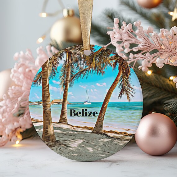 Belize Sailboat Beach Palms Christmas Ornament Seaside Travel Poster