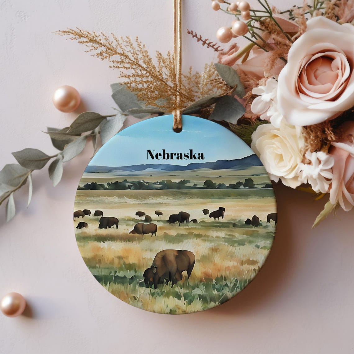 Nebraska Bison Herd Prairie Watercolor Christmas Ornament Print