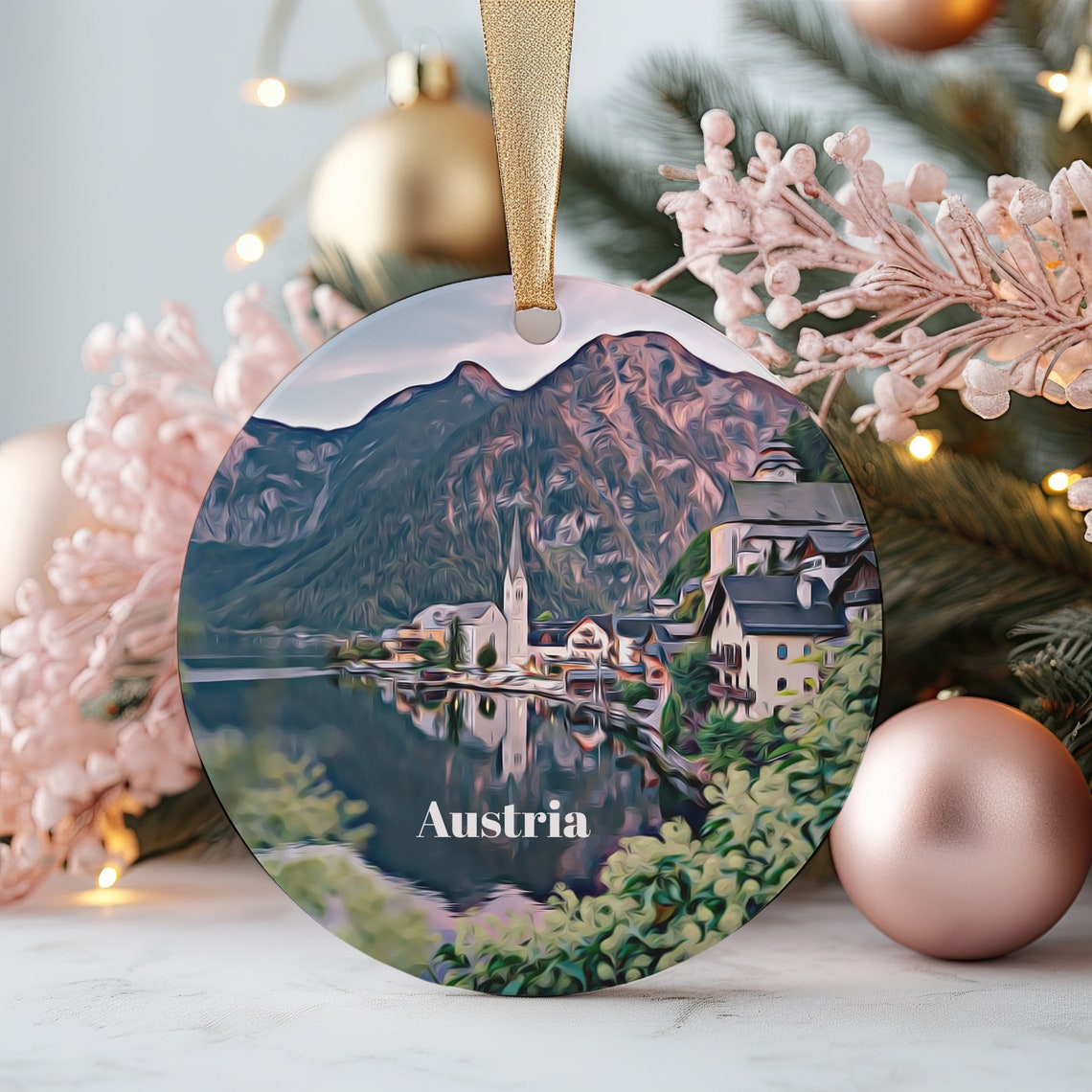 Austria Lakeside Village Mountains Christmas Ornament Souvenir Print