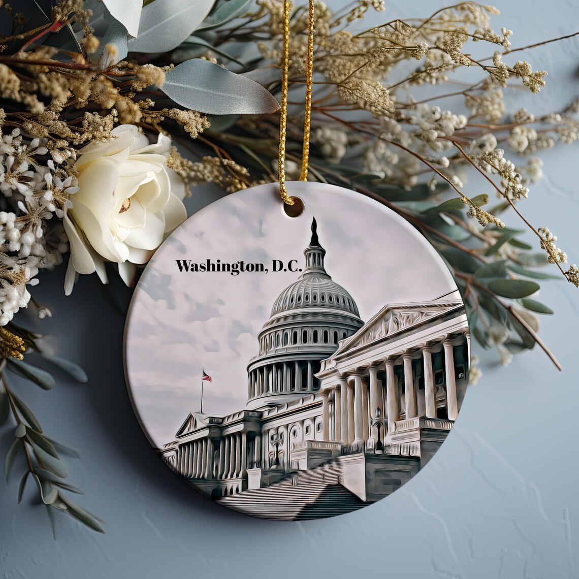 Washington DC Capitol Dome Round Christmas Ornament Travel Print