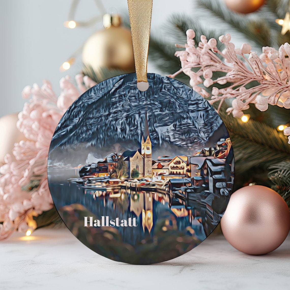 Hallstatt Lakeside Village Snowy Peaks Round Ornament Poster