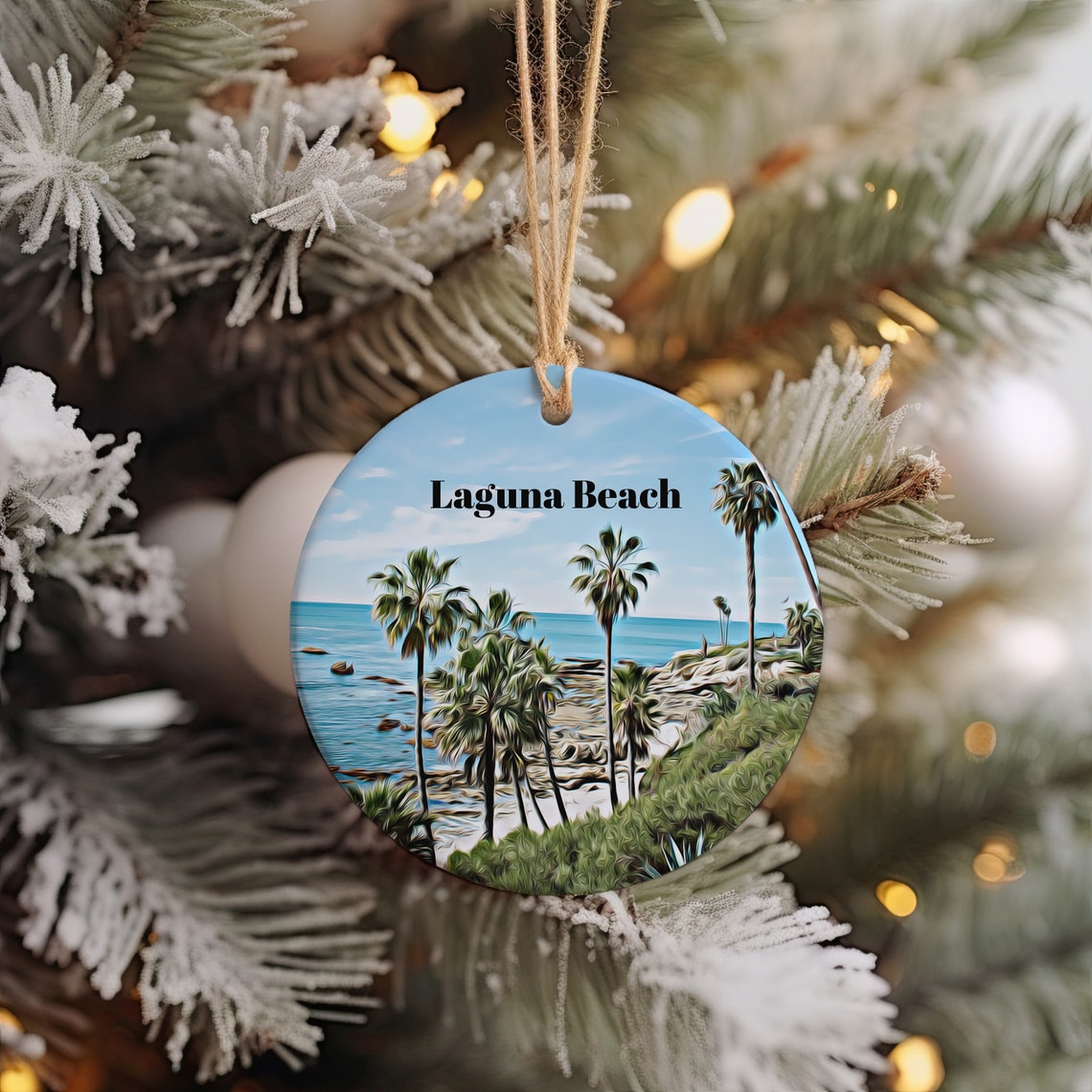 Laguna Beach Coastal Palm Trees Rocky Cove Round Ornament Poster
