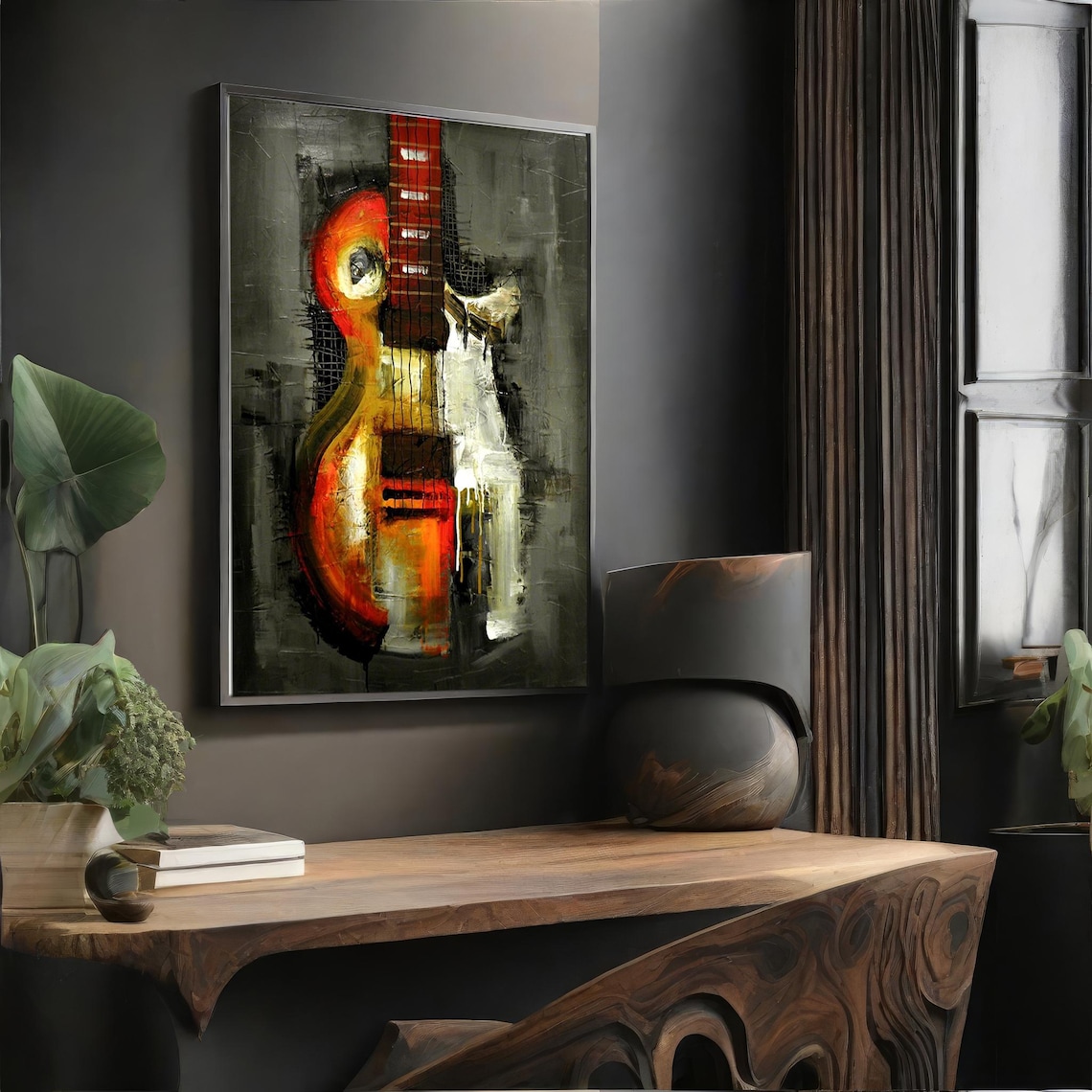 Abstract Red Electric Guitar on Dark Gray Modern Music Painting Art Poster - Image 4