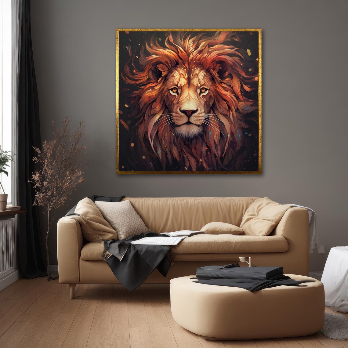 Bold Scarlet Lion Portrait Fiery Mane King of Jungle Art Poster - Image 3