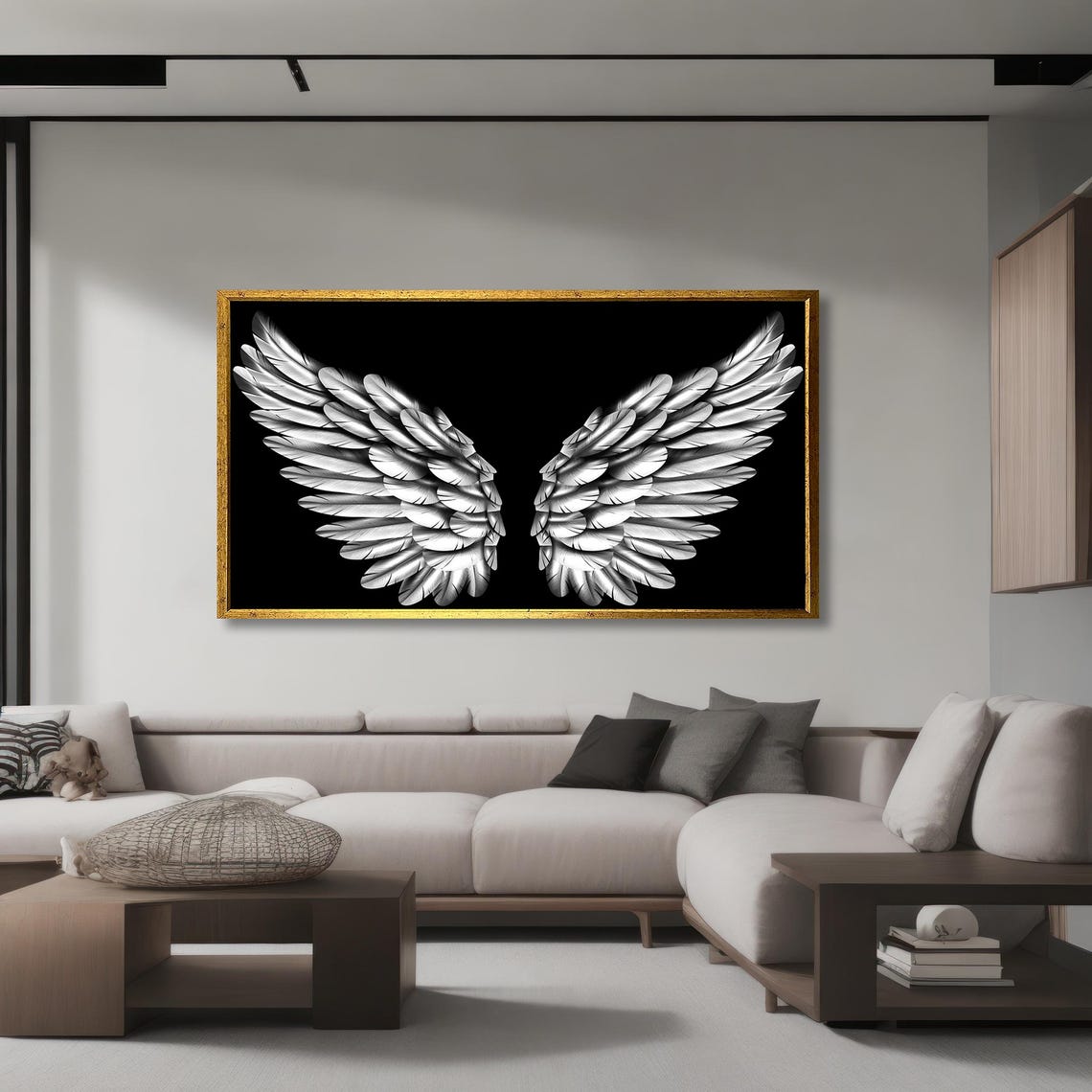 White Angel Wings Black Background Dramatic Feather Art Poster - Image 3